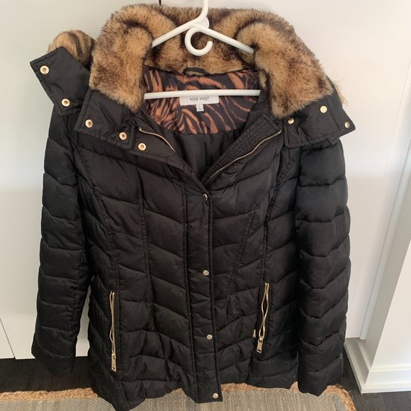 Nine West Women's Winter Coat, Black + Gold with Faux Fur Lined Hood (Large)